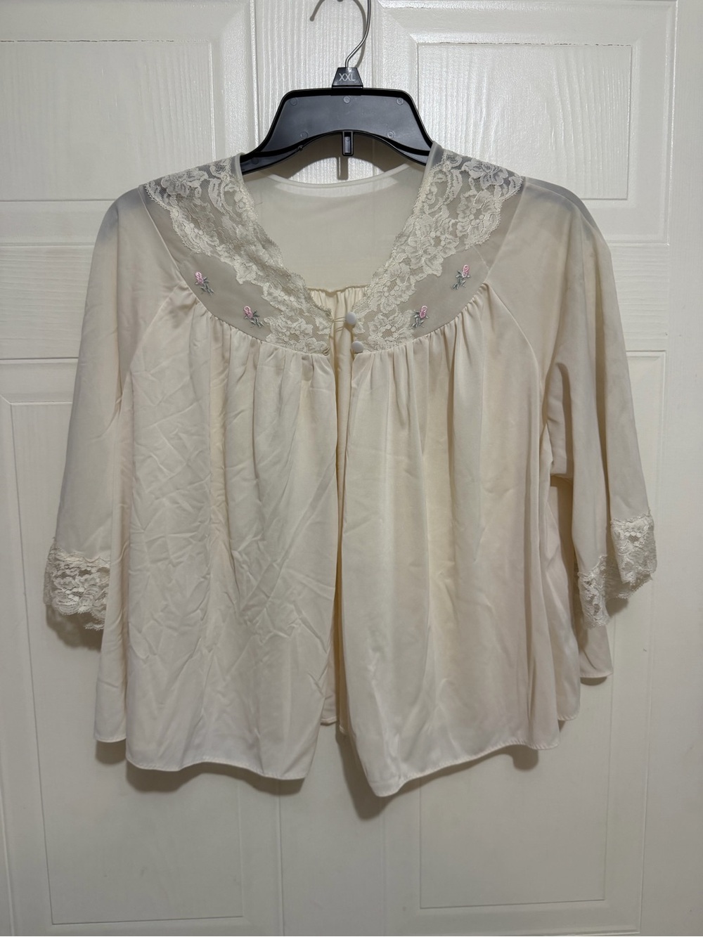 Women's Cream Lace-Trim Bed Jacket with Pink Embroidery